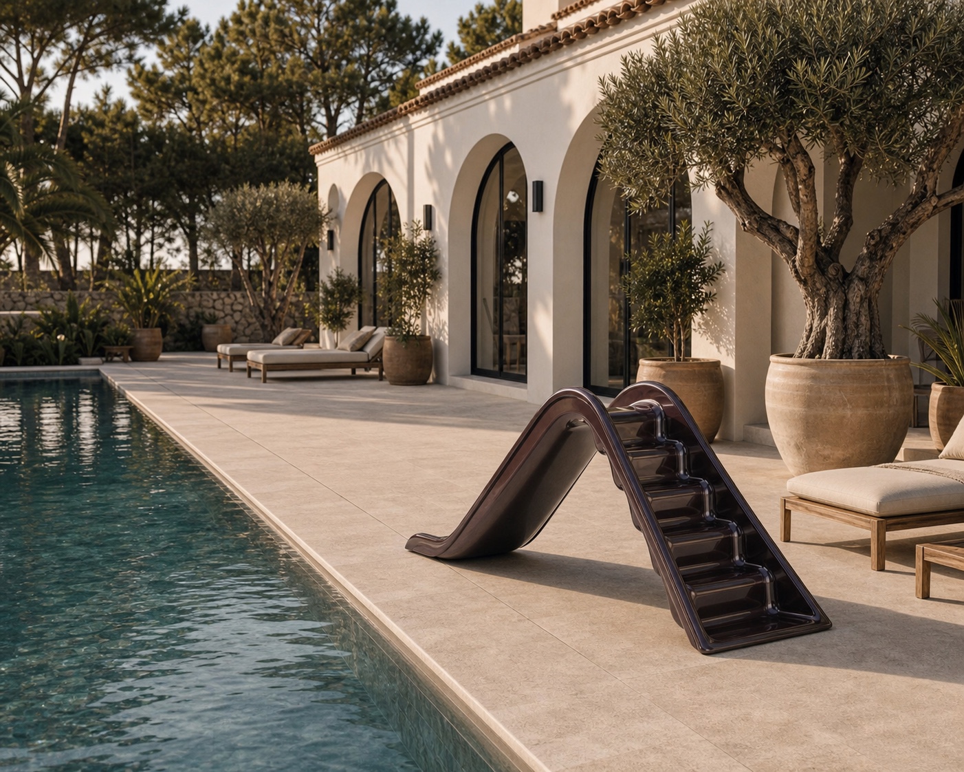Burgundy Ritzy-Slide beside a modern Spanish pool