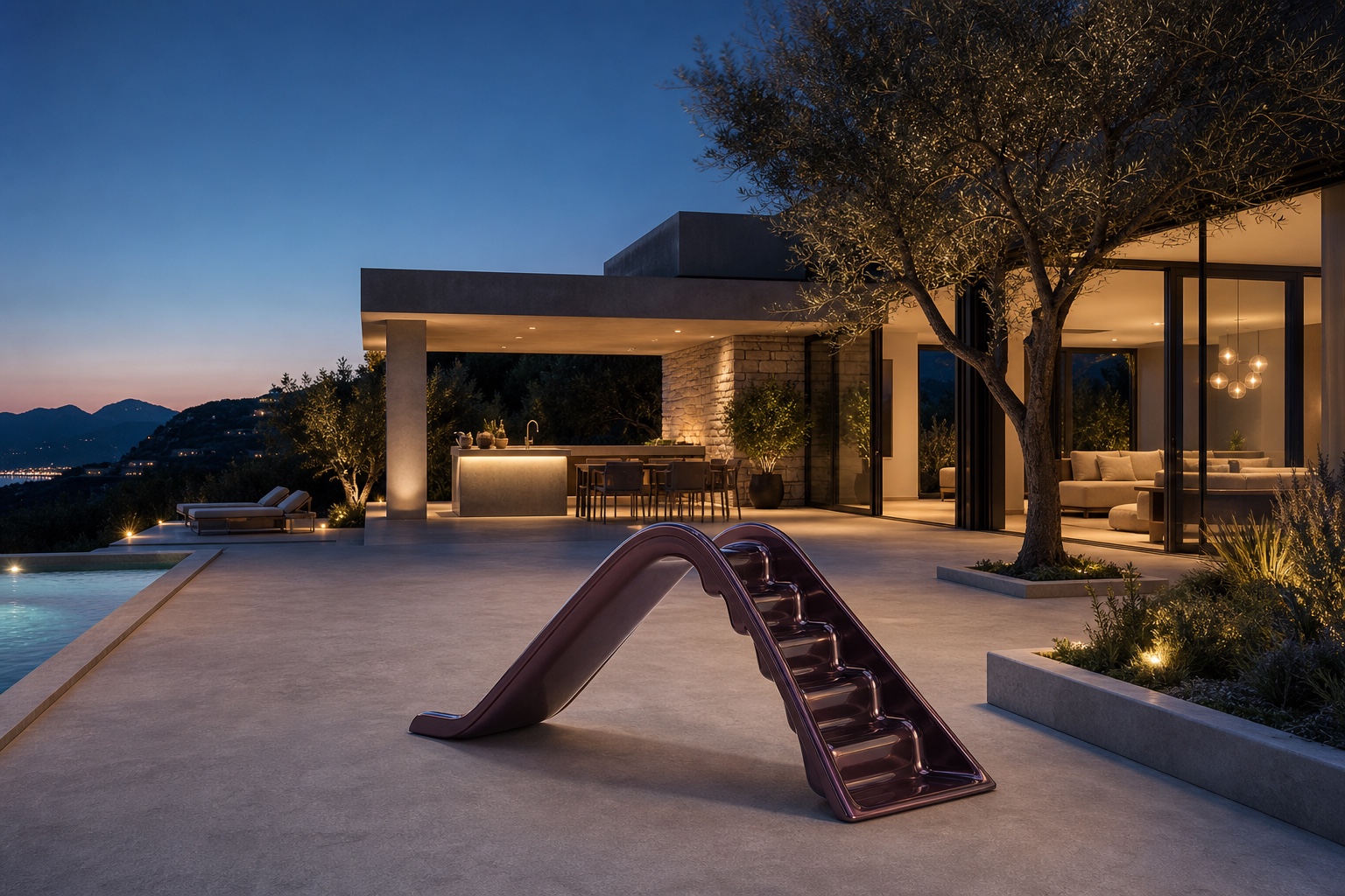 Aubergine bronze Ritzy-Slide at blue hour