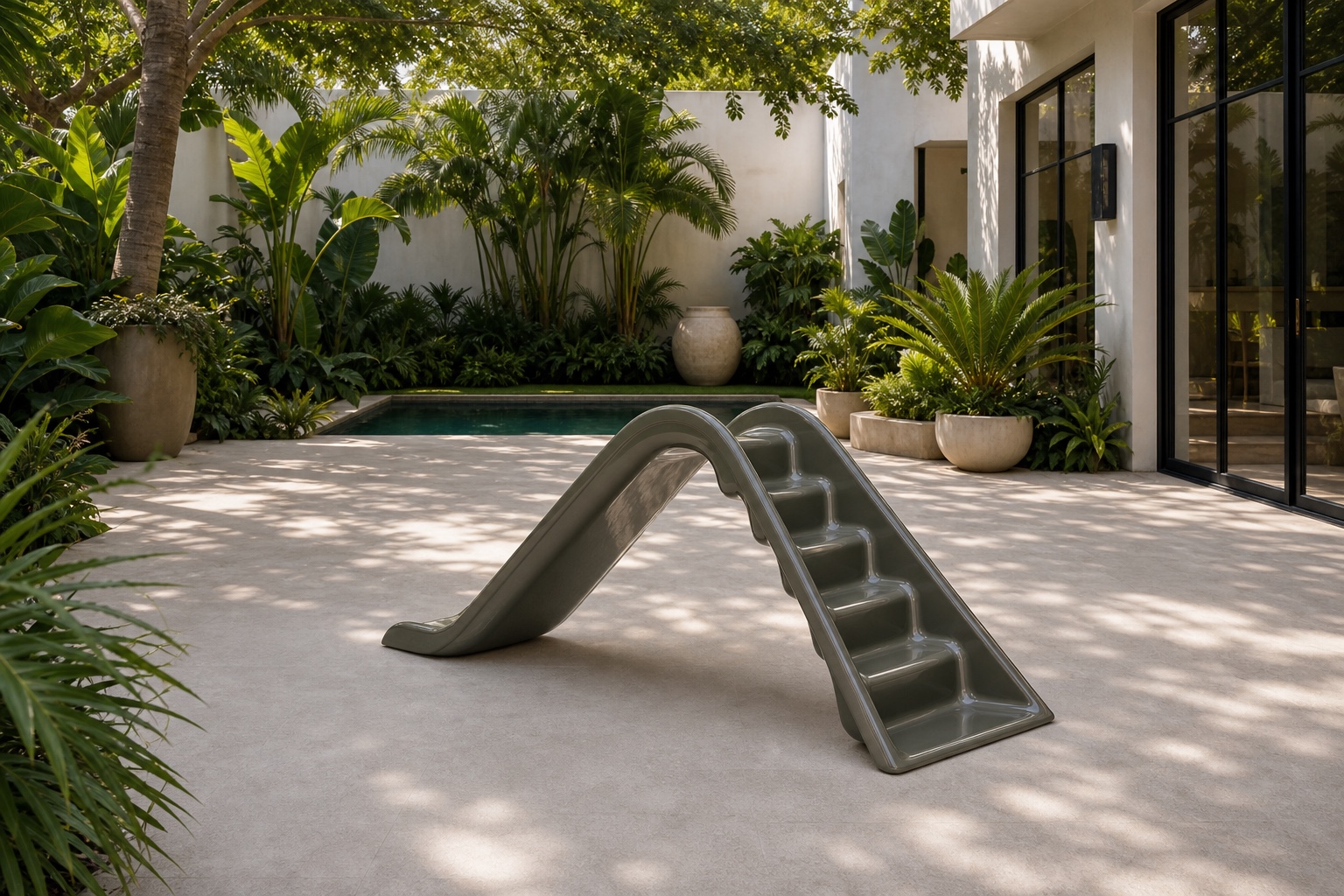 Olive grey Ritzy-Slide in a lush courtyard